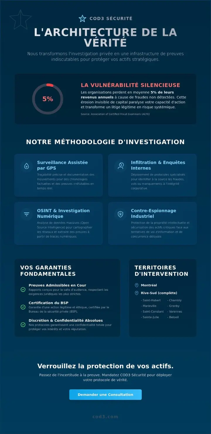 Détective privé à Montréal : L’infrastructure de l’investigation COD3 Détective privé à Montréal : L’infrastructure de l’investigation COD3