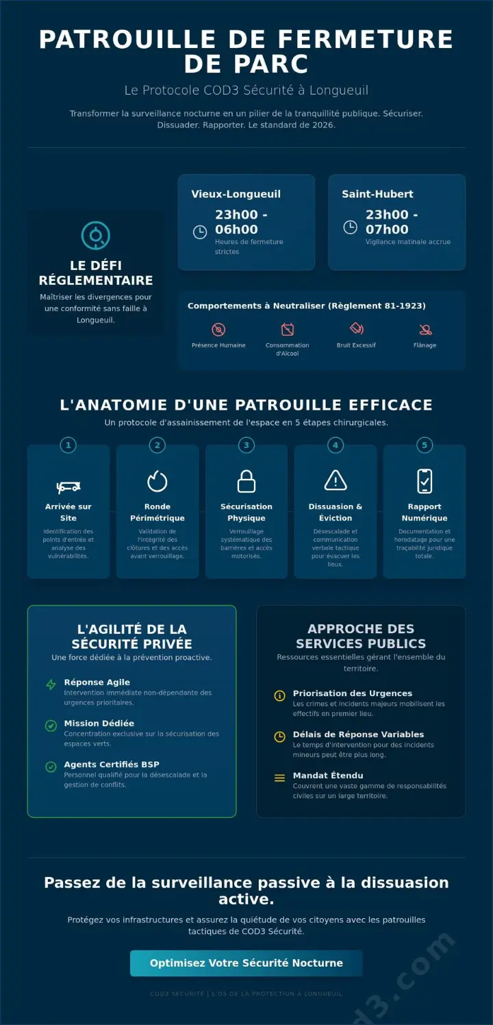 Patrouille de fermeture de parc à Longueuil : Sécuriser l'espace public en 2026